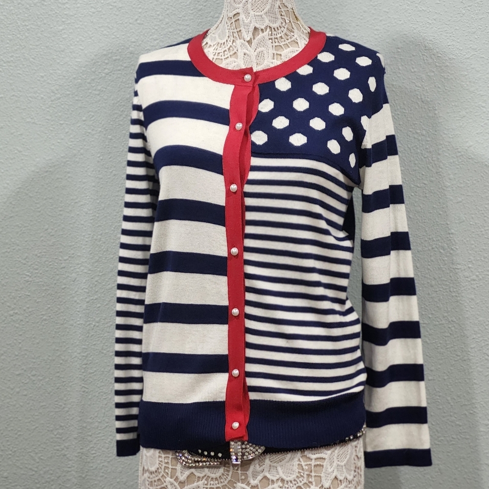 Serengeti Red White And Blue Polka Dot And Striped Cardigan Sweater Size M
